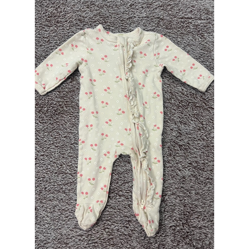 Rabbit Bear Organic Baby Girl 0-3M Cherry Floral Ruffle Footed Zip Sleeper